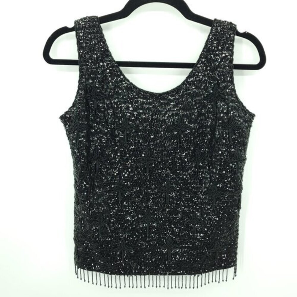 VTG Hand-Beaded Sequined Sleeveless Scoop Neck Shell Top M Black